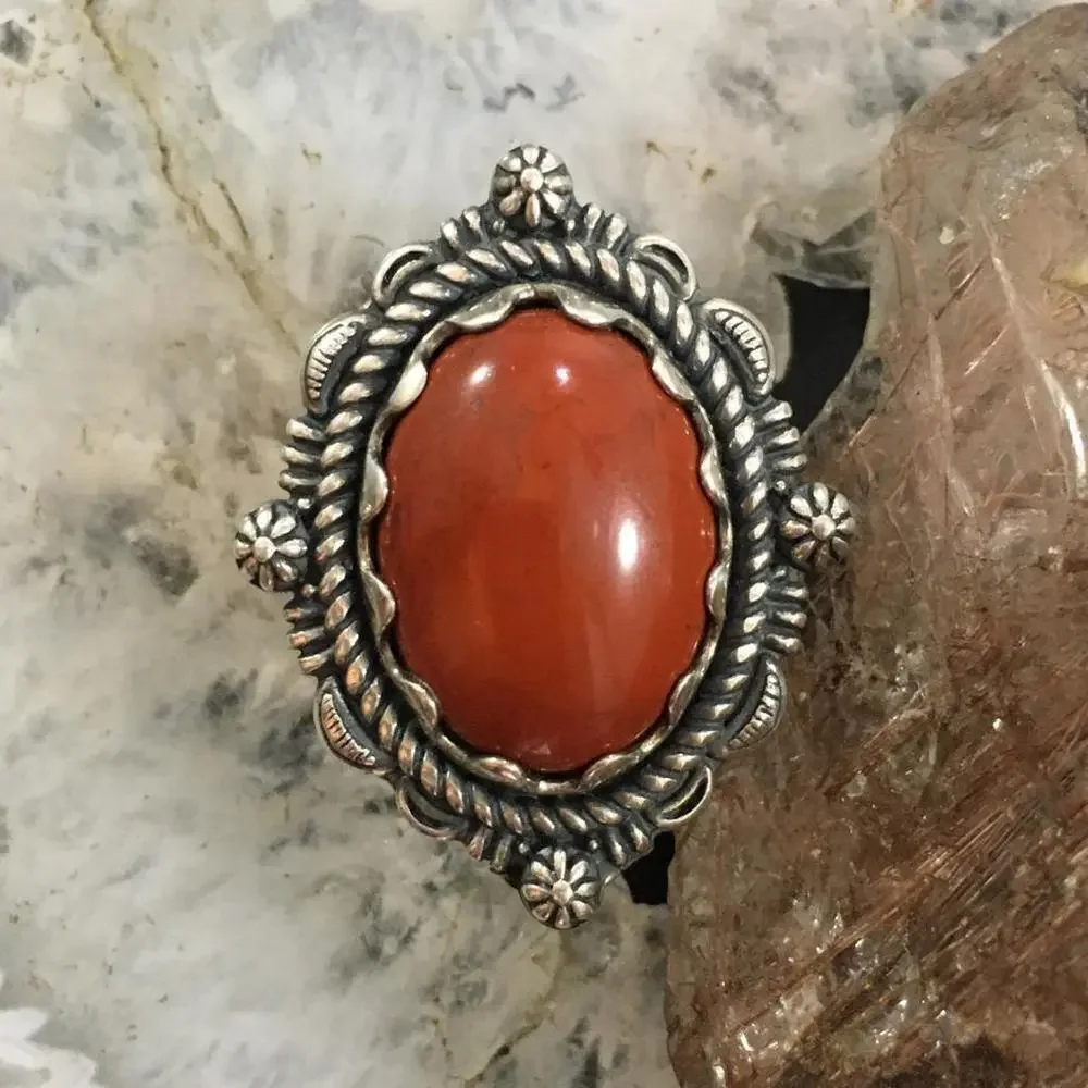 Carolyn Pollack Vintage Sterling Silver Oval Red Jasper Decorated Ring For Women